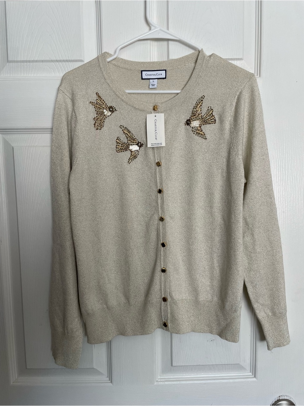 NWT Charter Club size Large Vanilla Bean Cream Sequin Bird Button Up Cardigan